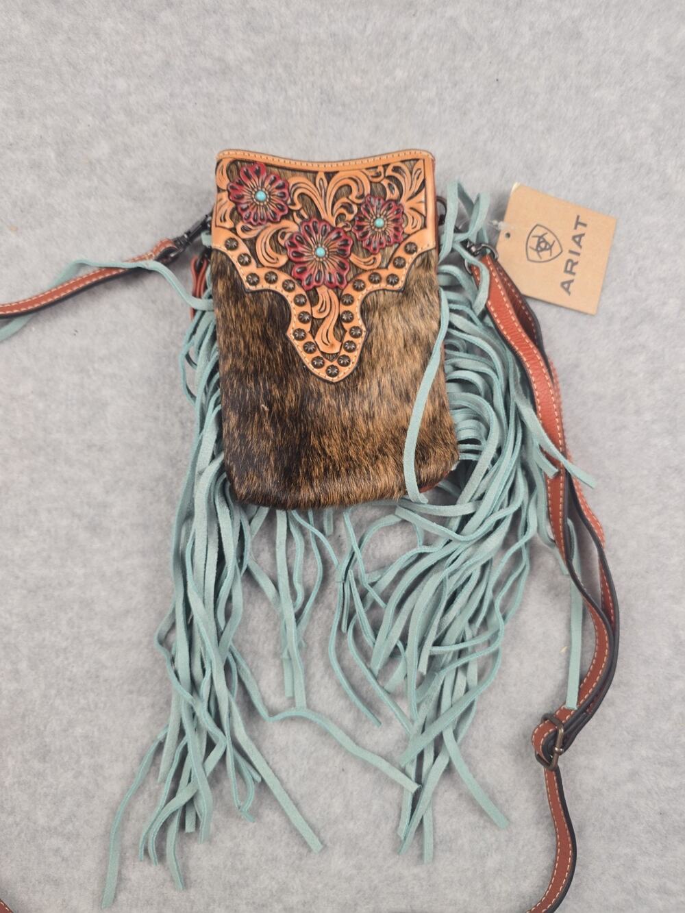 Ariat Womens Western Hair on Hide Turquoise Fringe Crossbody Phone Bag NWT
